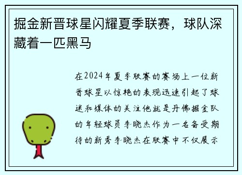 掘金新晋球星闪耀夏季联赛，球队深藏着一匹黑马