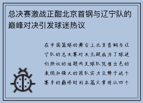 总决赛激战正酣北京首钢与辽宁队的巅峰对决引发球迷热议